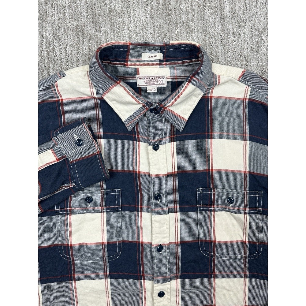 Wallace & Barnes Flannel Shirt Mens XL Blue Plaid Classic Fit Button Up